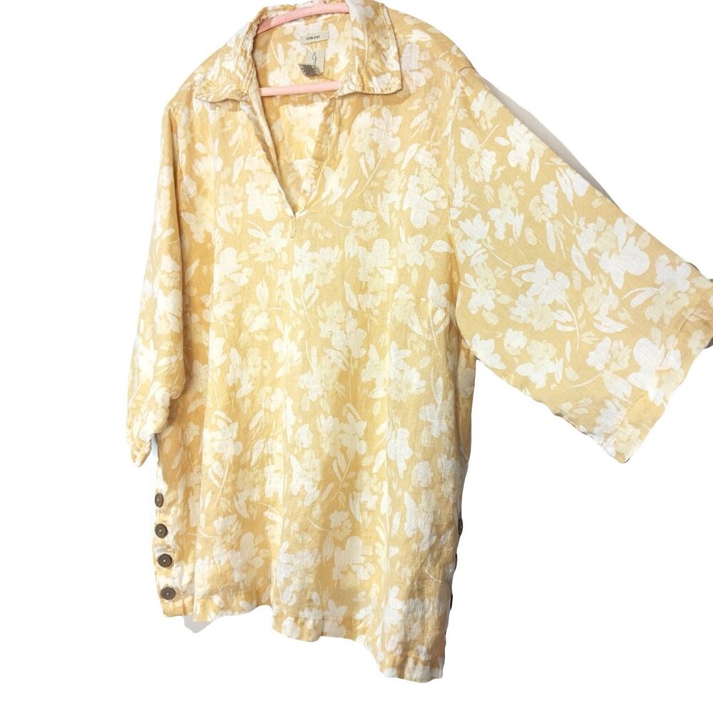 Joie Woman 2X 100% Linen Tunic Floral Side Button 3/4 Sleeve Popover Top